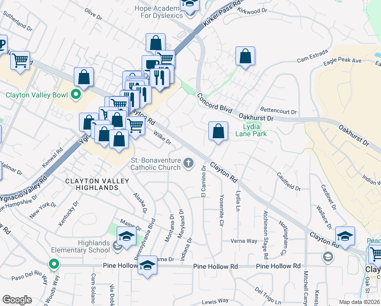 map of restaurants, bars, coffee shops, grocery stores, and more near 5552 Clayton Road in Concord