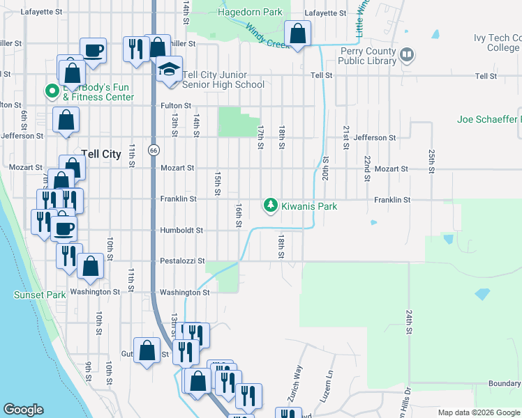 map of restaurants, bars, coffee shops, grocery stores, and more near 515 17th Street in Tell City