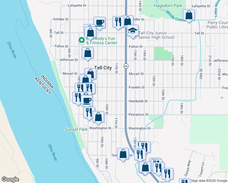 map of restaurants, bars, coffee shops, grocery stores, and more near 539 11th Street in Tell City