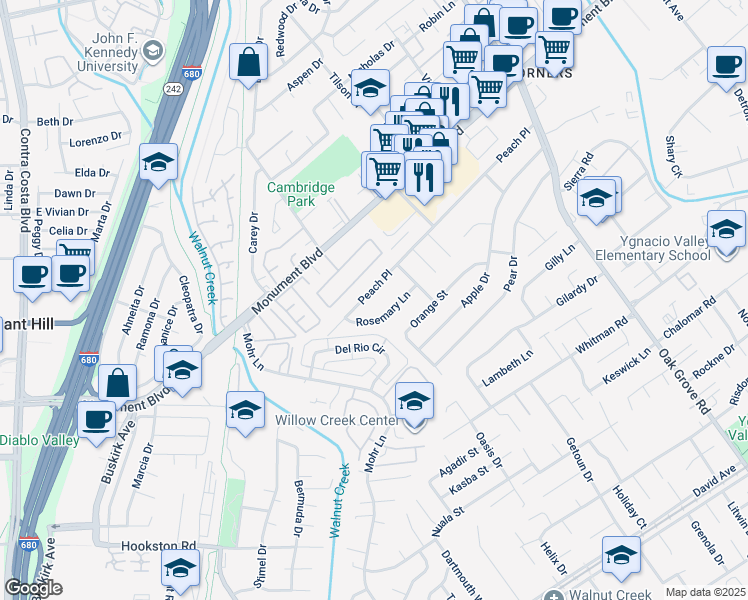 map of restaurants, bars, coffee shops, grocery stores, and more near 1340 Peach Place in Concord