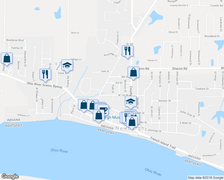 map of restaurants, bars, coffee shops, grocery stores, and more near 510 Polk Street in Newburgh