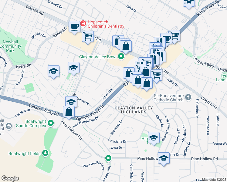map of restaurants, bars, coffee shops, grocery stores, and more near 1320 Kenwal Road in Concord