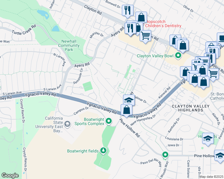 map of restaurants, bars, coffee shops, grocery stores, and more near 5139 Black Oak Road in Concord