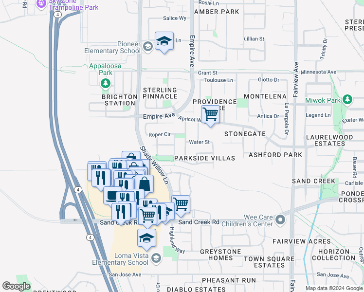 map of restaurants, bars, coffee shops, grocery stores, and more near 1517 Rampart Way in Brentwood
