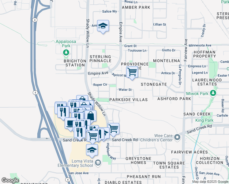 map of restaurants, bars, coffee shops, grocery stores, and more near 1517 Rampart Way in Brentwood