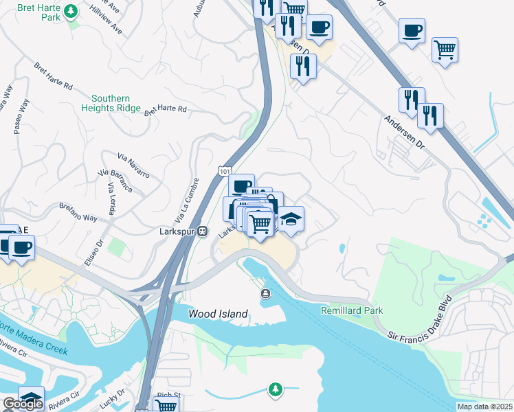 map of restaurants, bars, coffee shops, grocery stores, and more near 241 Old Quarry Road North in Larkspur