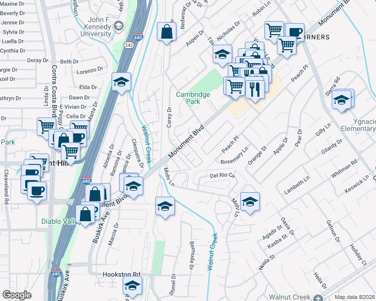 map of restaurants, bars, coffee shops, grocery stores, and more near 1255 Camelia Court in Concord