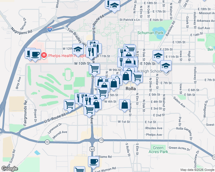 map of restaurants, bars, coffee shops, grocery stores, and more near 605 North State Street in Rolla