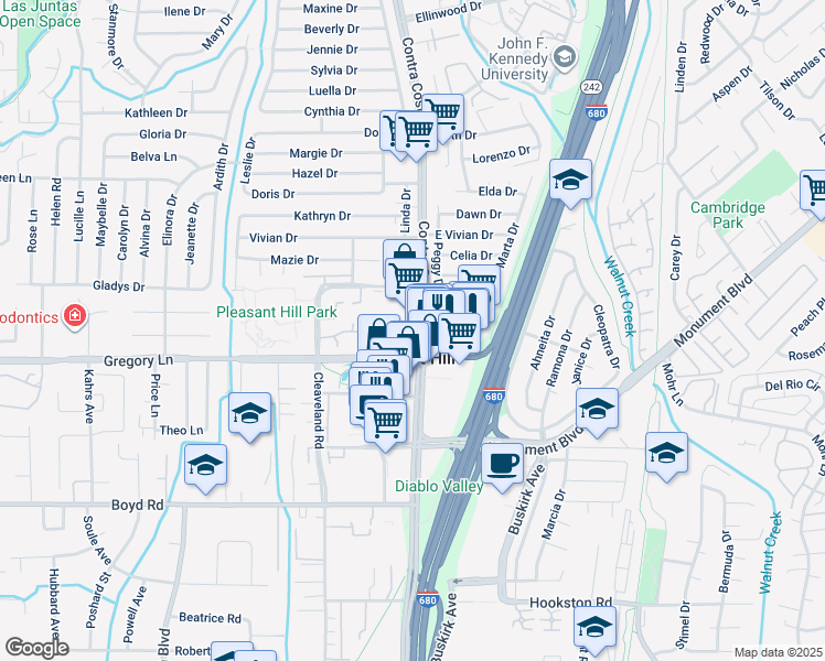 map of restaurants, bars, coffee shops, grocery stores, and more near 2049 Contra Costa Boulevard in Pleasant Hill