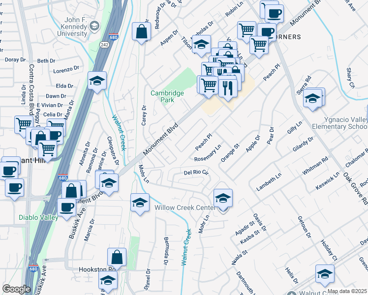 map of restaurants, bars, coffee shops, grocery stores, and more near 134 The Trees Drive in Concord