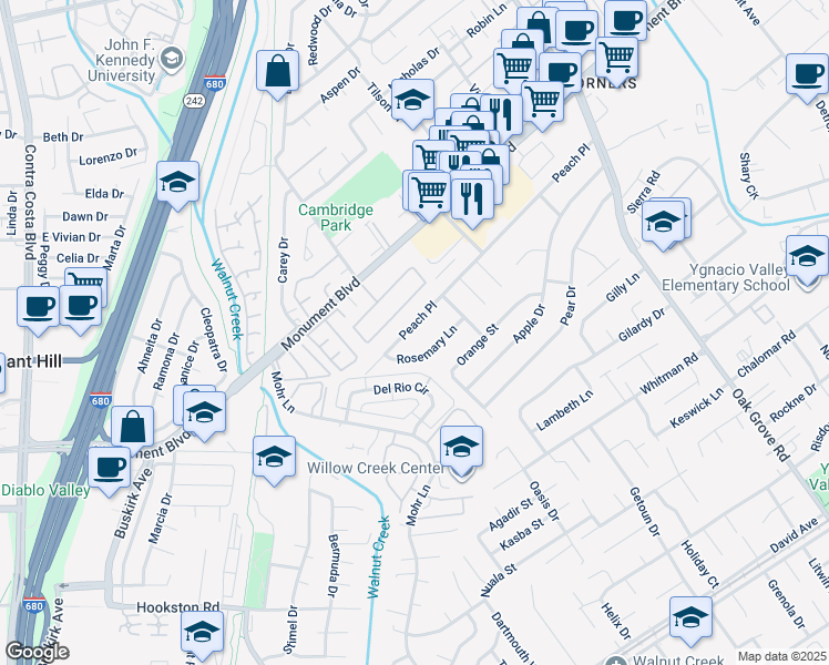 map of restaurants, bars, coffee shops, grocery stores, and more near 1340 Peach Place in Concord