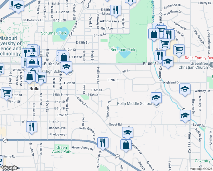 map of restaurants, bars, coffee shops, grocery stores, and more near 907 East 6th Street in Rolla