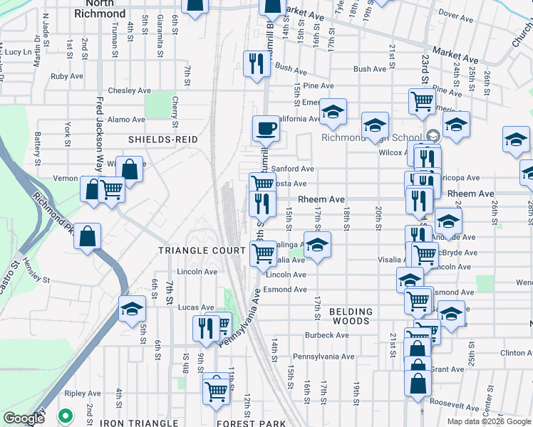 map of restaurants, bars, coffee shops, grocery stores, and more near 1324 Dunn Avenue in Richmond