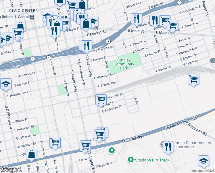 map of restaurants, bars, coffee shops, grocery stores, and more near 1502 East Taylor Street in Stockton