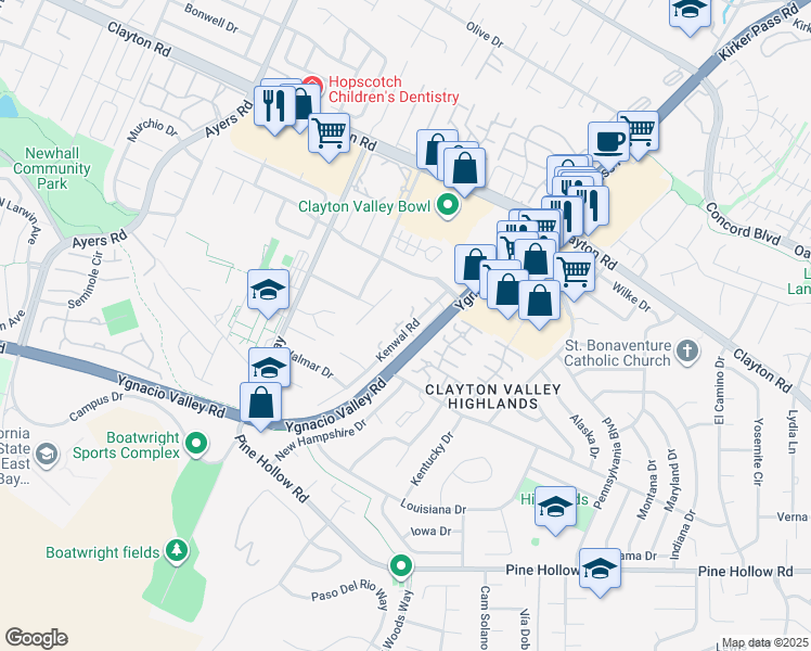 map of restaurants, bars, coffee shops, grocery stores, and more near 1215 Kenwal Road in Concord