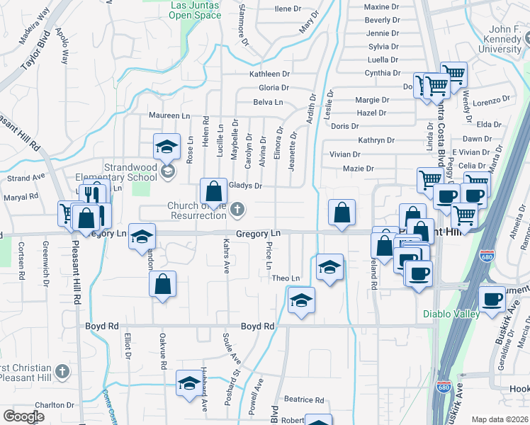 map of restaurants, bars, coffee shops, grocery stores, and more near 327 Betty Lane in Pleasant Hill