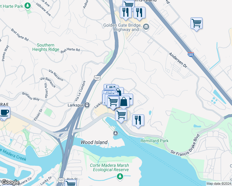map of restaurants, bars, coffee shops, grocery stores, and more near 2500 Larkspur Landing Circle in Larkspur