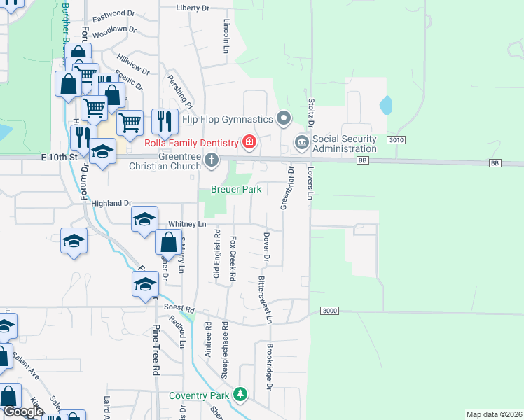 map of restaurants, bars, coffee shops, grocery stores, and more near 621 Dover Drive in Rolla