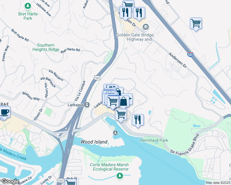 map of restaurants, bars, coffee shops, grocery stores, and more near 100 Old Quarry Road South in Larkspur