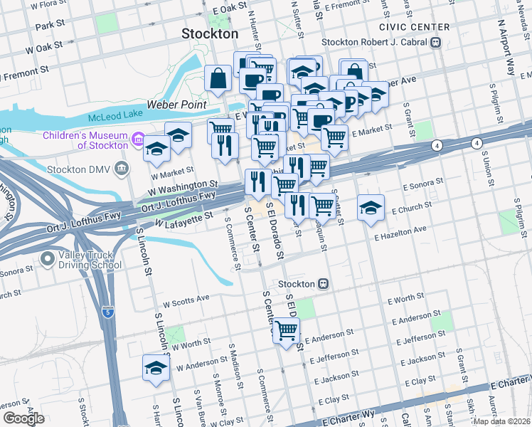 map of restaurants, bars, coffee shops, grocery stores, and more near 414 El Dorado Street in Stockton