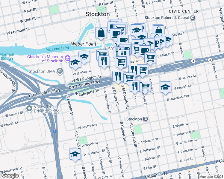 map of restaurants, bars, coffee shops, grocery stores, and more near 2 South Center Street in Stockton