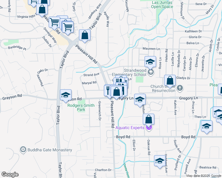 map of restaurants, bars, coffee shops, grocery stores, and more near in Pleasant Hill