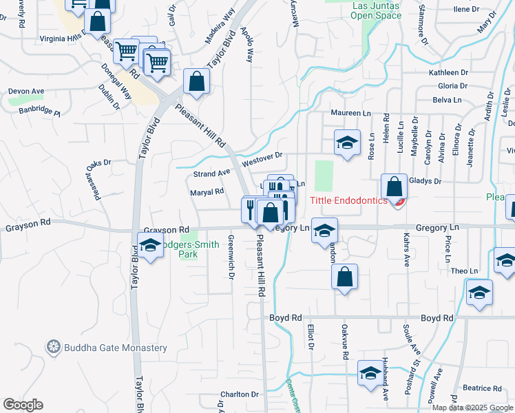 map of restaurants, bars, coffee shops, grocery stores, and more near 2418 Pleasant Hill Road in Pleasant Hill