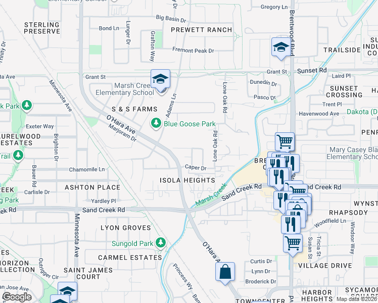 map of restaurants, bars, coffee shops, grocery stores, and more near 496 Thyme Court in Brentwood