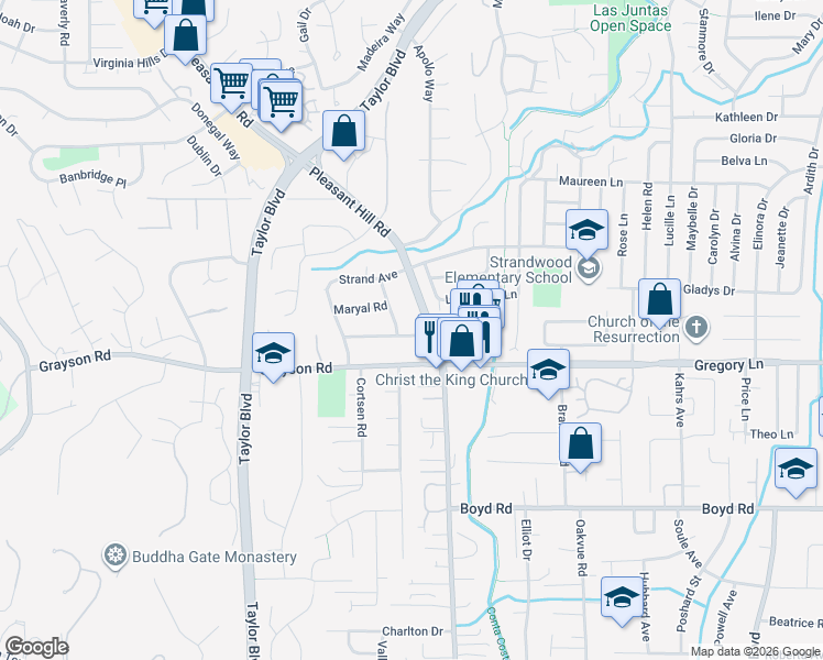 map of restaurants, bars, coffee shops, grocery stores, and more near 347 Valley View Road in Pleasant Hill