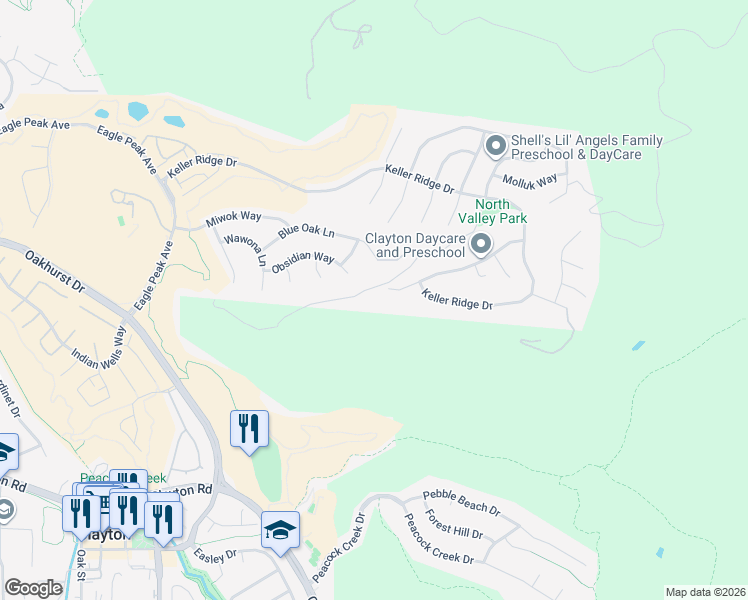 map of restaurants, bars, coffee shops, grocery stores, and more near 8049 Kelok Way in Clayton