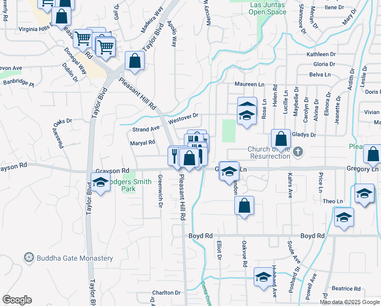 map of restaurants, bars, coffee shops, grocery stores, and more near 2422 Pleasant Hill Road in Pleasant Hill