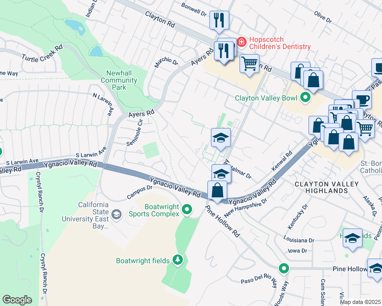 map of restaurants, bars, coffee shops, grocery stores, and more near 5128 Academy Road in Concord