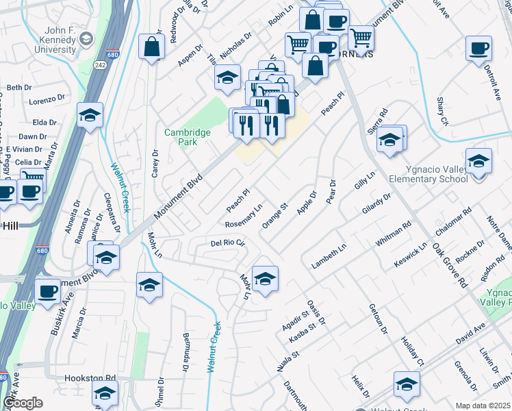 map of restaurants, bars, coffee shops, grocery stores, and more near 1381 Rosemary Lane in Concord