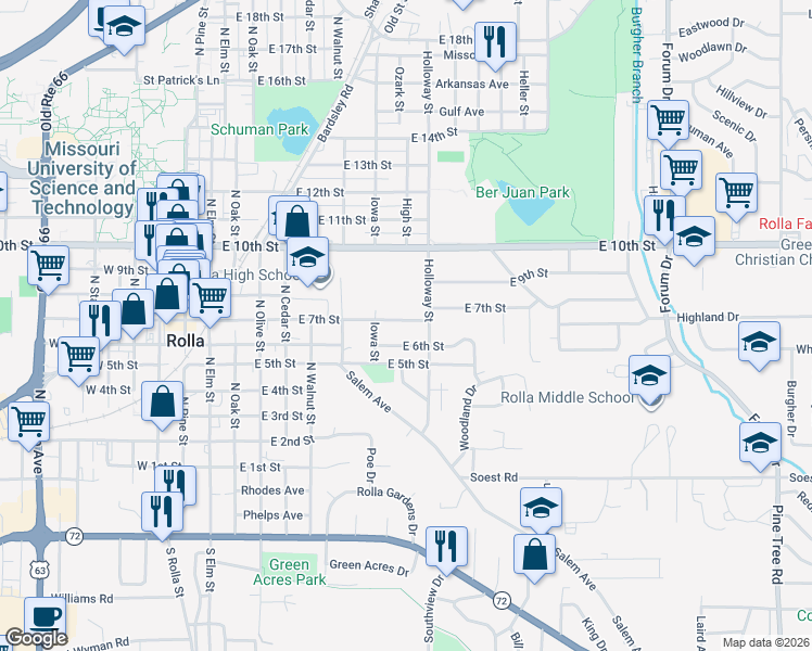 map of restaurants, bars, coffee shops, grocery stores, and more near 800 East 7th Street in Rolla