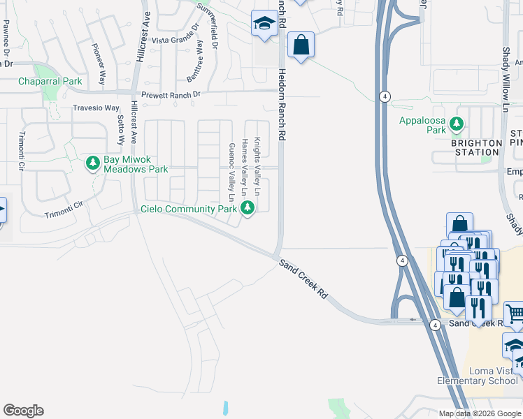 map of restaurants, bars, coffee shops, grocery stores, and more near 2702 Heidorn Ranch Road in Brentwood
