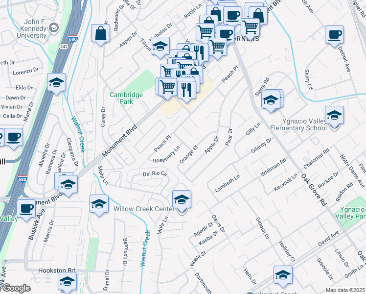 map of restaurants, bars, coffee shops, grocery stores, and more near 1331 Orange Street in Concord