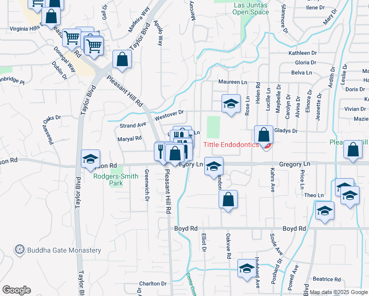 map of restaurants, bars, coffee shops, grocery stores, and more near 609 Gregory Lane in Pleasant Hill