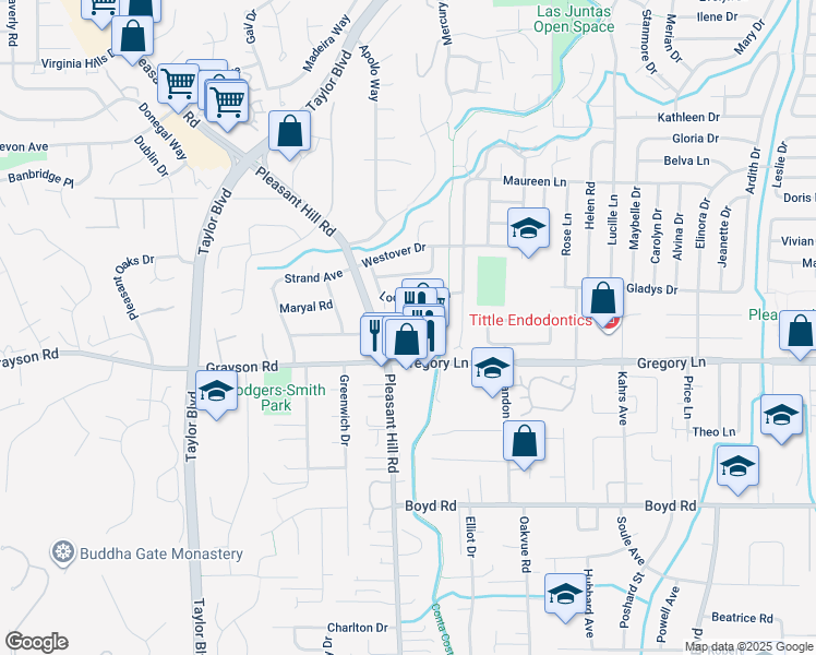 map of restaurants, bars, coffee shops, grocery stores, and more near in Pleasant Hill