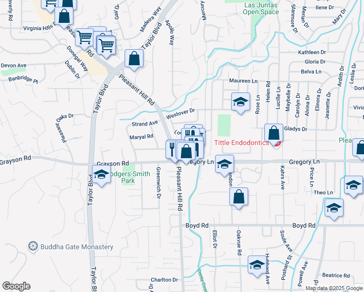map of restaurants, bars, coffee shops, grocery stores, and more near 721 Gregory Lane in Pleasant Hill