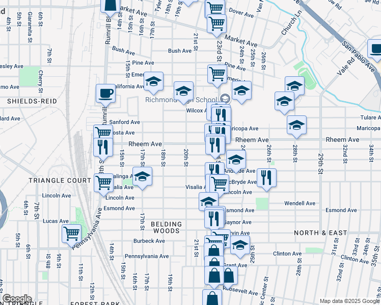 map of restaurants, bars, coffee shops, grocery stores, and more near 1926 Dunn Avenue in Richmond