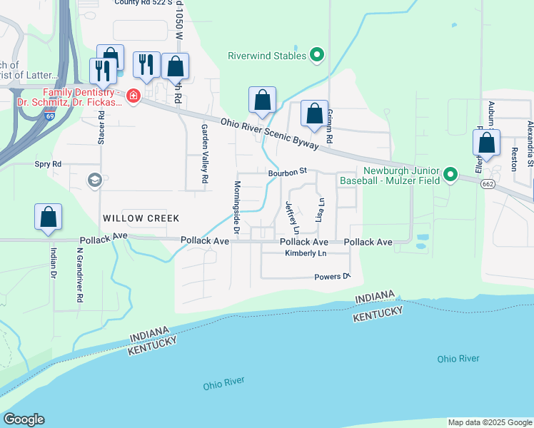 map of restaurants, bars, coffee shops, grocery stores, and more near 10258-10274 Krista Lane in Newburgh