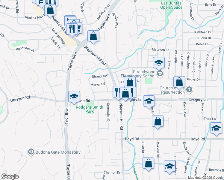 map of restaurants, bars, coffee shops, grocery stores, and more near 347 Valley View Road in Pleasant Hill