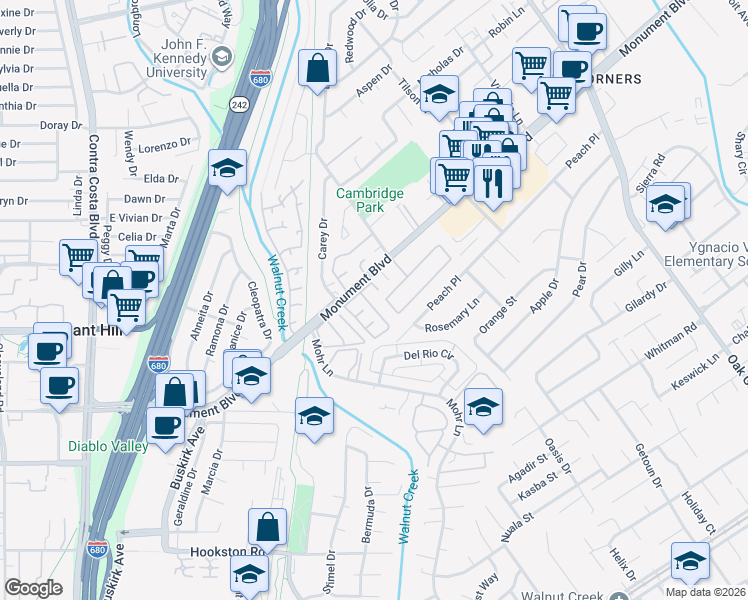 map of restaurants, bars, coffee shops, grocery stores, and more near 1078 Azalea Lane in Concord