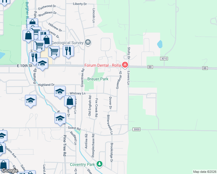 map of restaurants, bars, coffee shops, grocery stores, and more near 627 Dover Drive in Rolla