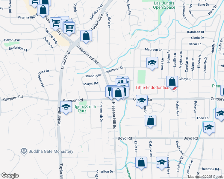 map of restaurants, bars, coffee shops, grocery stores, and more near in Pleasant Hill