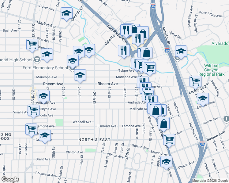 map of restaurants, bars, coffee shops, grocery stores, and more near 3226 Lowell Avenue in Richmond