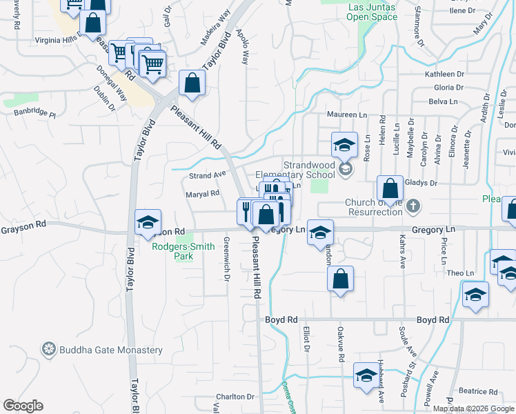 map of restaurants, bars, coffee shops, grocery stores, and more near 2420 Pleasant Hill Road in Pleasant Hill