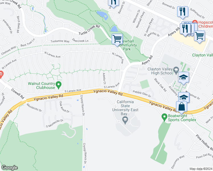 map of restaurants, bars, coffee shops, grocery stores, and more near 4499 Adelia Court in Concord