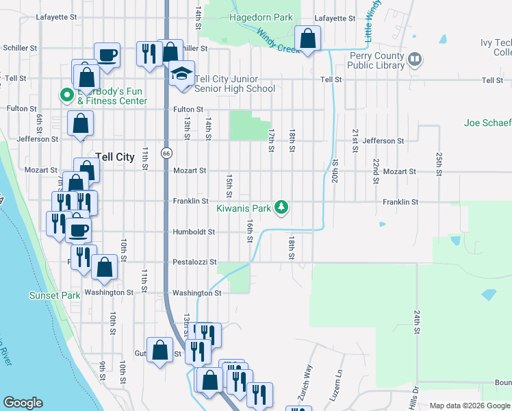 map of restaurants, bars, coffee shops, grocery stores, and more near 515 17th Street in Tell City