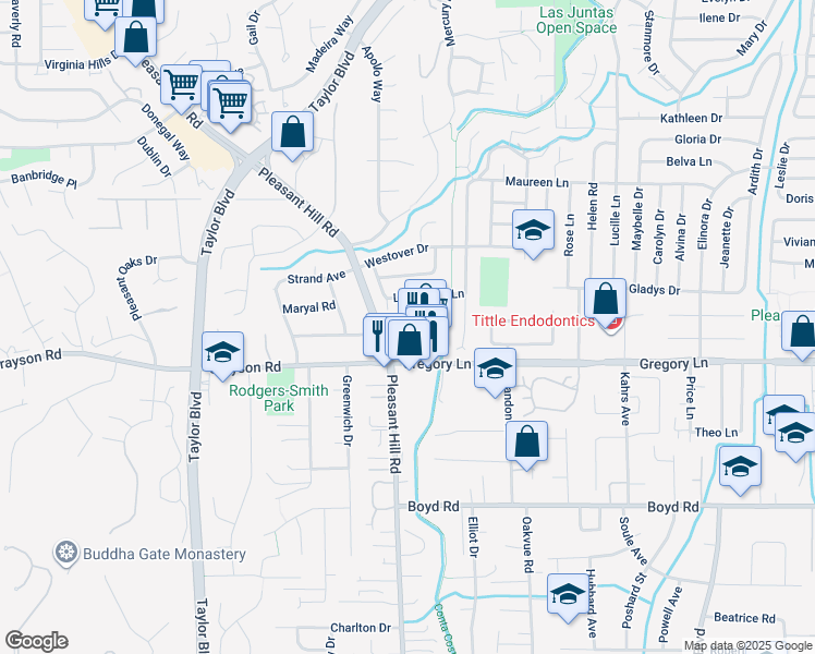 map of restaurants, bars, coffee shops, grocery stores, and more near in Pleasant Hill
